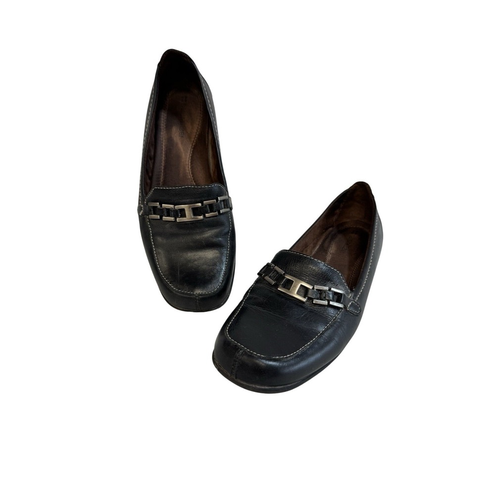 Naturalizer Women's 6M Black Leather Loafer Silver Chain Square Toe Comfort Shoe